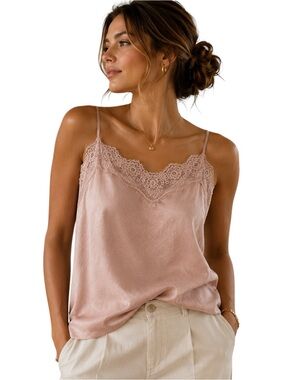 Blush Satin Lace Trim Camisole Women’s L Coquette Quiet Luxury Tank